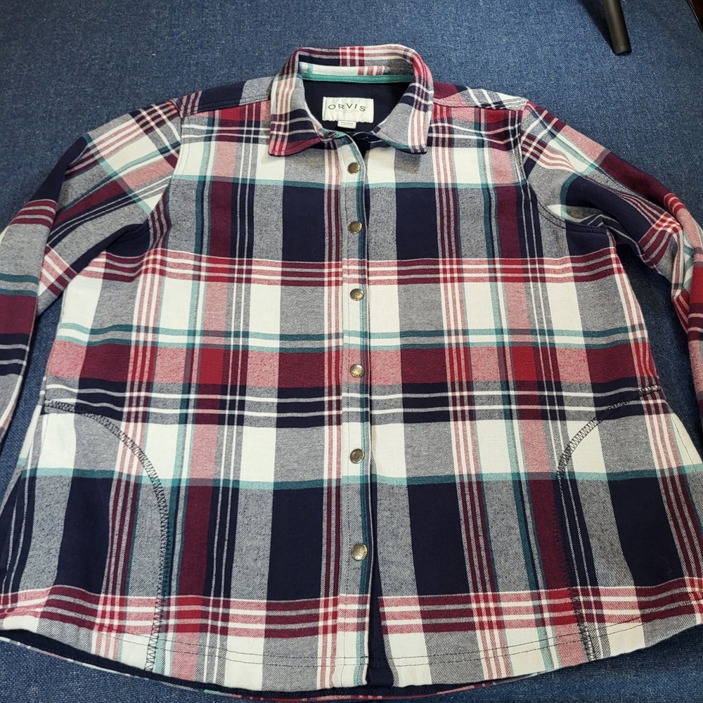 Orvis Classic Collection Fleece Lined Flannel Shirt Jacket Navy Red Plaid XXL